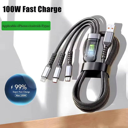 100W 3 in 1 Transparent Pilot Lamp Super Fast Charging Cable 6A Universal with Type C Usb Micro for Samsung Huawei Xiaomi Iphone